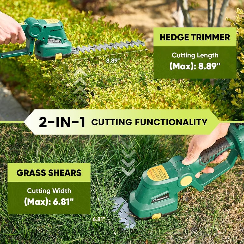 SakerPlus Cordless Hedge Trimmer, 2-in-1 Electric Bush Trimmer and Handheld Grass Cutter, 22V Lightweight Mini Shrub Trimmer Grass Clippers with 1 Battery and Charger, Perfect Gardening Yard Tools - Image 3
